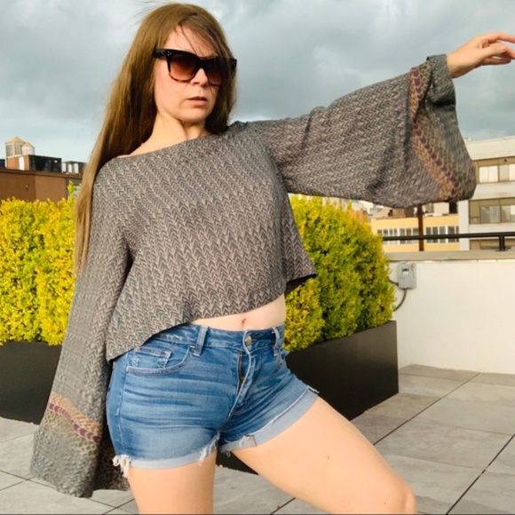 Free People Geometric Abstract Chevron Boatneck Statement Flare Bell Sleeve Top - Picture 8 of 16